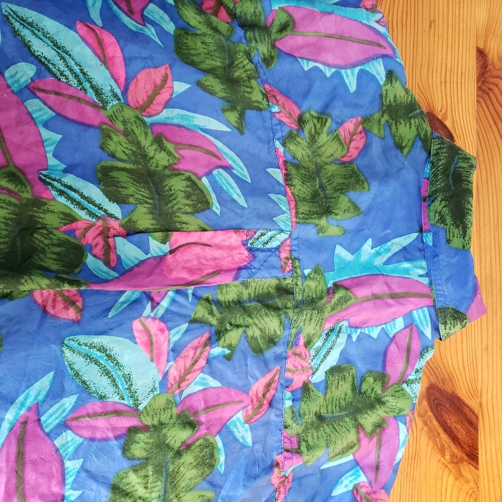 Vintage Silk Blouse Size 1X Button Up Shirt Tropical Blue Pockets Leena Studio - Picture 9 of 12